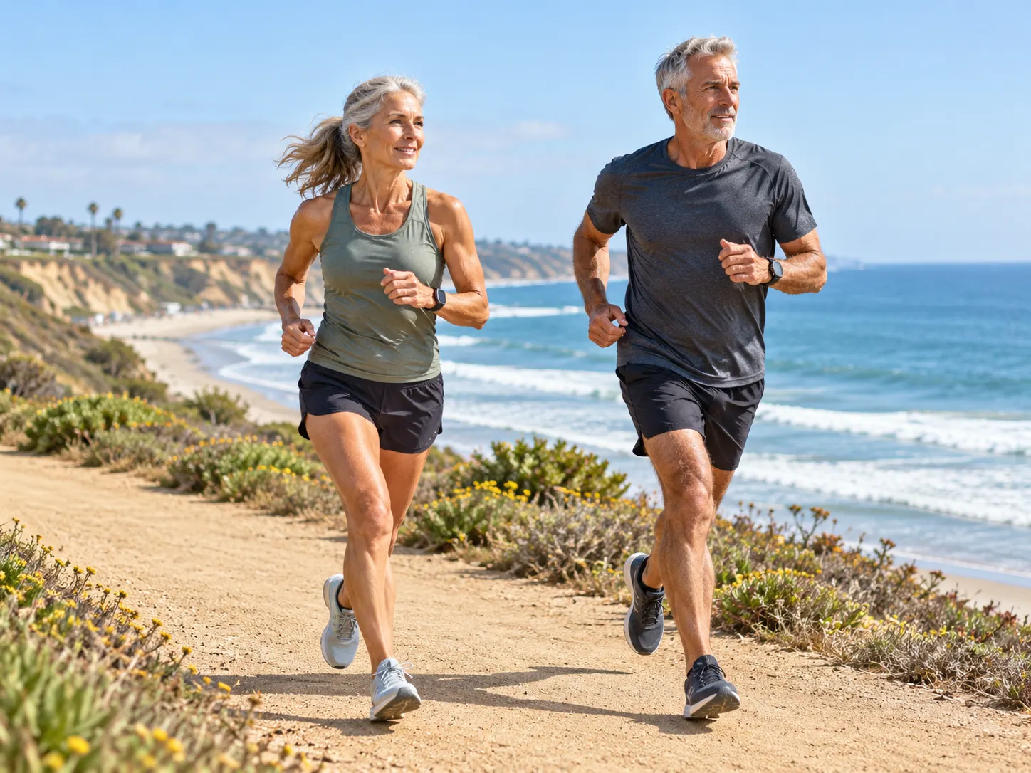 Fit older couple running along a coastal bluff trail