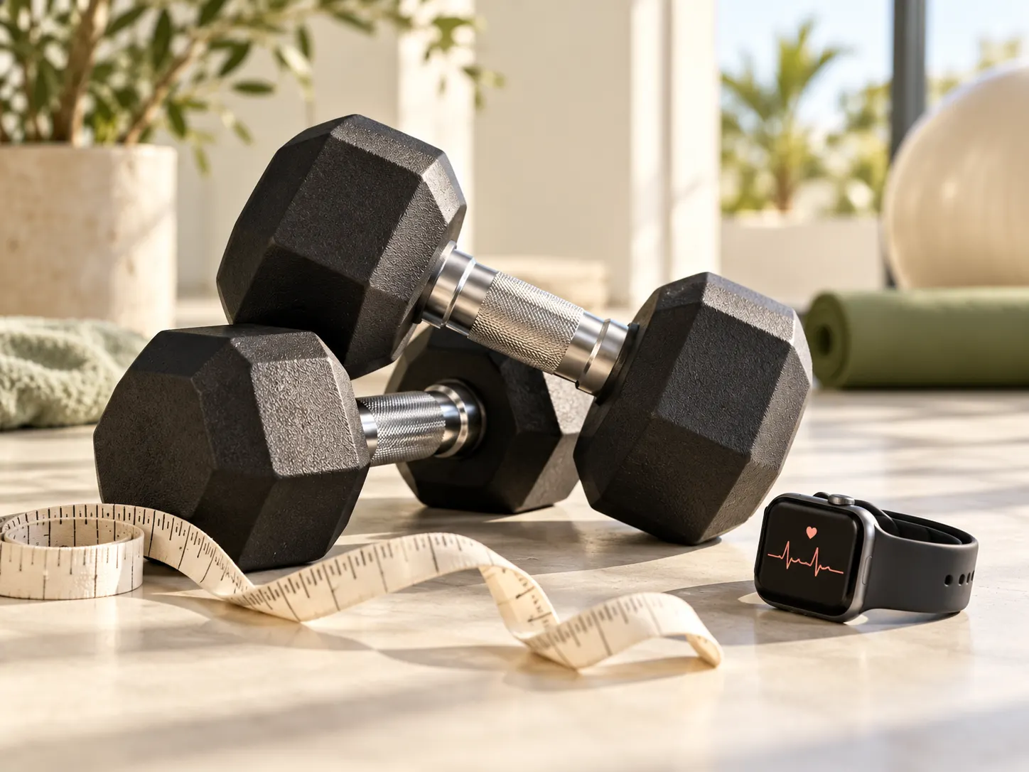 Hex dumbbells, a tape measure and a heart-rate watch in warm light