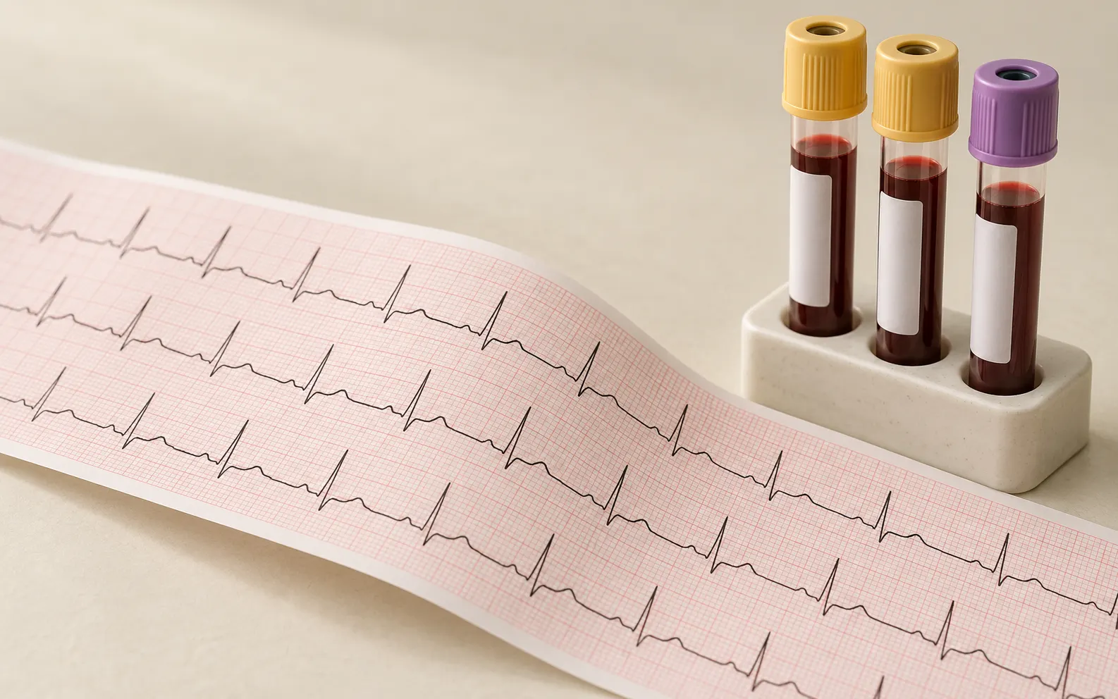 Printed ECG strip beside a rack of blood collection tubes