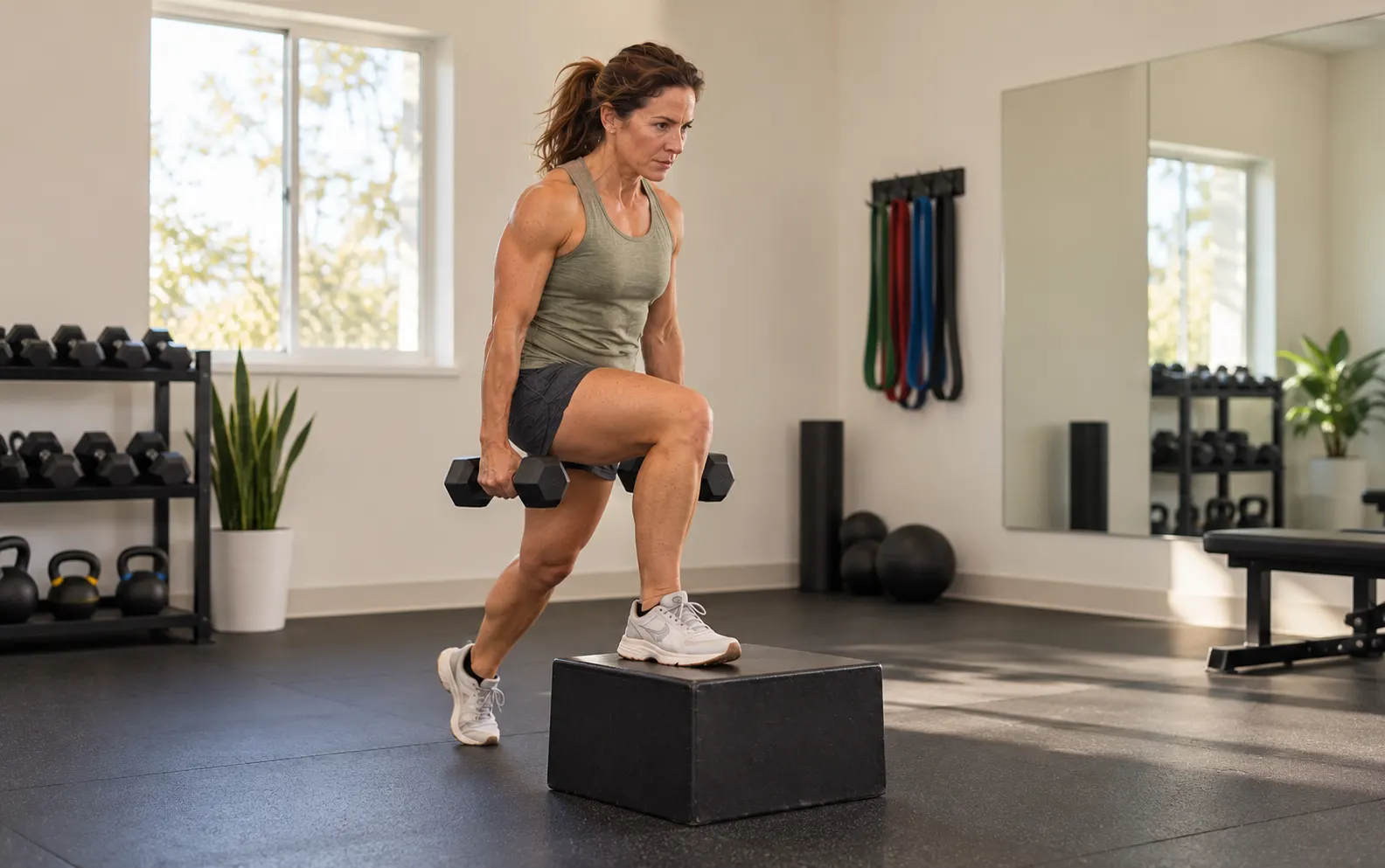 Athlete performing a weighted step-up onto a box in a small training room