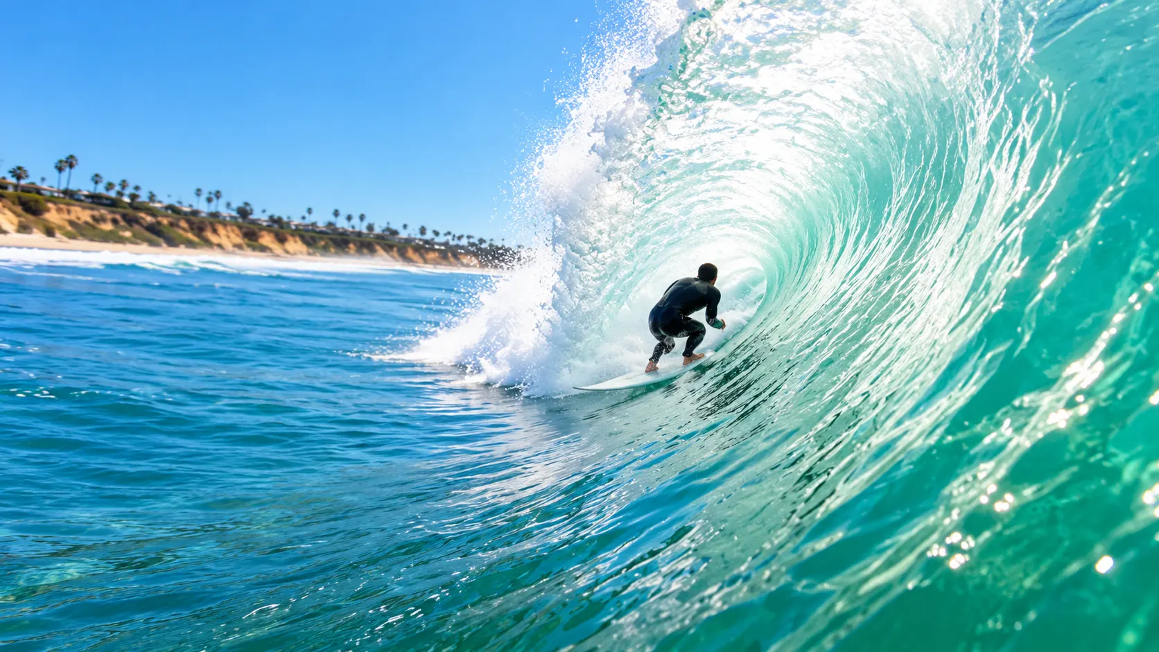 Surfer riding a curling turquoise wave off the Carlsbad coast