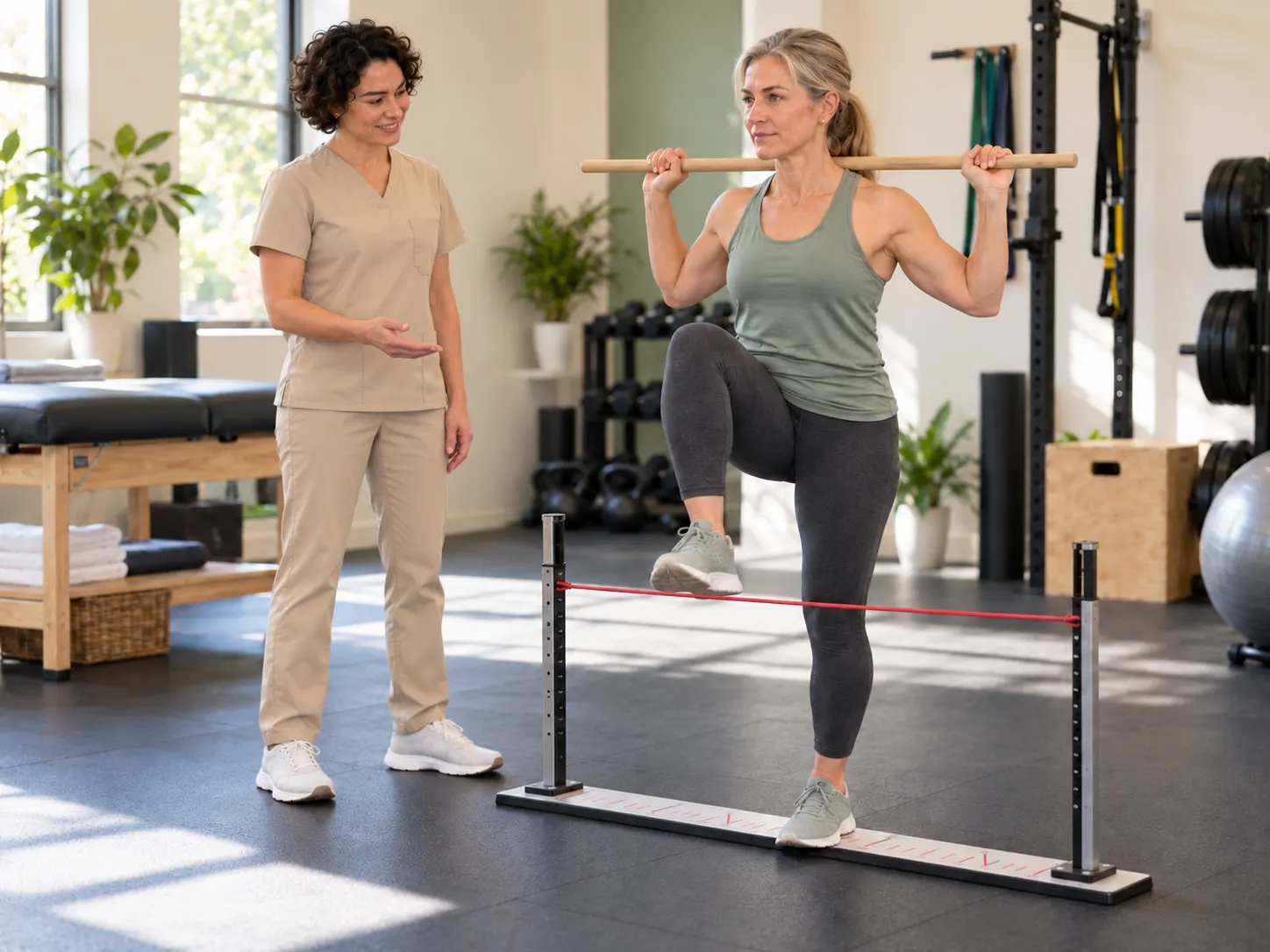 Christina Bray guiding a patient through a hurdle-step movement screen
